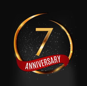 Template Gold Logo 7 Years Anniversary with Red Ribbon Vector Illustration