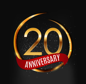 Template Gold Logo 20 Years Anniversary with Red Ribbon Vector Illustration