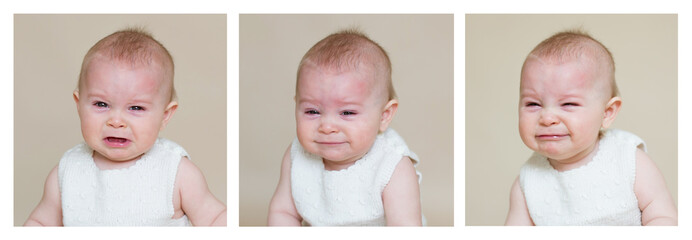 Cute collage of a little toddler baby boy, making different faces © Tomsickova