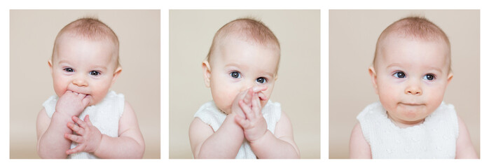 Cute collage of a little toddler baby boy, making different faces © Tomsickova