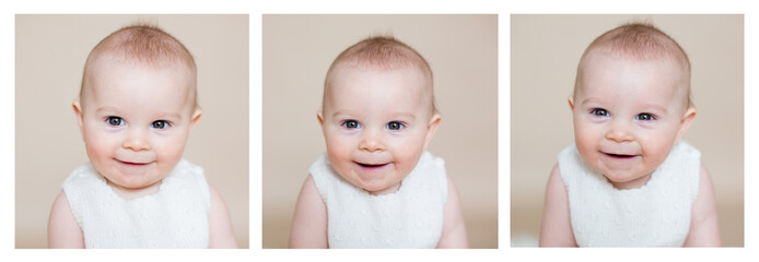 Cute collage of a little toddler baby boy, making different faces © Tomsickova