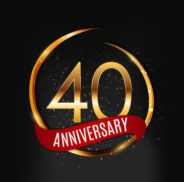 Template Gold Logo 40 Years Anniversary with Red Ribbon Vector Illustration