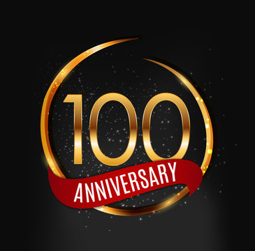 Template Gold Logo 100 Years Anniversary with Red Ribbon Vector Illustration