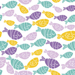 Seamless vector pattern with colorful fishes in scandinavian minimalist modern style.