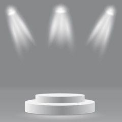 Round podium, pedestal or platform illuminated by spotlights on white background. Stage with scenic lights. Vector illustration.