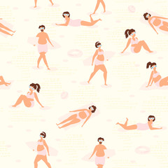 Fototapeta na wymiar Seamless vector pattern with people on beach in scandinavian style. Poster about sunbathing.