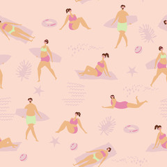 Seamless vector pattern with people on beach in scandinavian style. Poster about sunbathing.