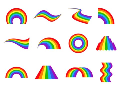 Set of vector rainbows icons isolated on white background. Different abstract shapes.