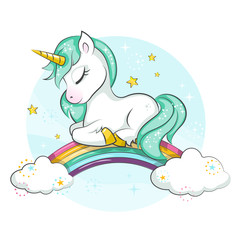 Little pony. Cute magical unicorn and rainbow. Vector design isolated on white background. Print for t-shirt or sticker. Romantic hand drawing illustration for children. - 195708815