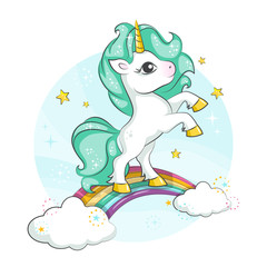 Little pony. Cute magical unicorn and rainbow. Vector design isolated on white background. Print for t-shirt or sticker. Romantic hand drawing illustration for children.