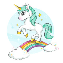 Little pony. Cute magical unicorn and rainbow. Vector design isolated on white background. Print for t-shirt or sticker. Romantic hand drawing illustration for children. - 195708835
