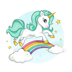 Little pony. Cute magical unicorn and rainbow. Vector design isolated on white background. Print for t-shirt or sticker. Romantic hand drawing illustration for children. - 195708843