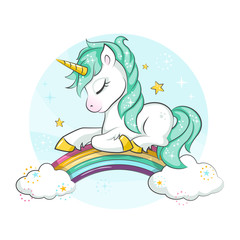 Little pony. Cute magical unicorn and rainbow. Vector design isolated on white background. Print for t-shirt or sticker. Romantic hand drawing illustration for children.