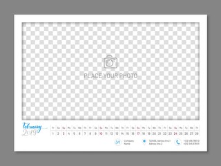 Practical wall planner, 2019 year February, flat. Useful calendar for taking every day notes with copyspace. Vector illustration