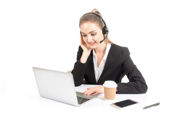 Beautiful businesswoman customer support services working with headset and laptop computer isolated on white background