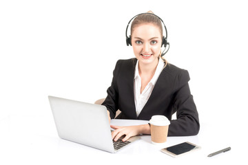 Beautiful businesswoman customer support services working with headset and laptop computer isolated on white background