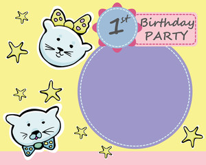 Vector baby 1-th Birthday party greeting card.  Little cute kittens and stars. Stickers.