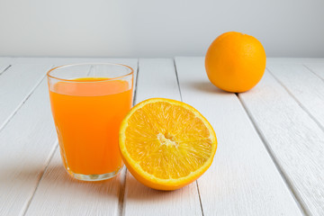 Still Life Fresh Orange Fruit, Orange Juice on Vintage White Wood Table