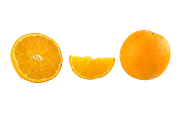Still Life Half crescent, Full Fresh Orange Fruit on white background