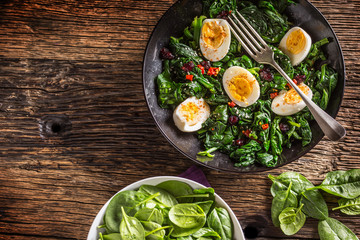 Spinach Salad. Fresh spinach salad with eggs chili pepper and sweet cranberries.
