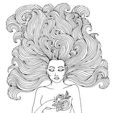 Vector hand drawn portrait of the forest fairies with pointed ears. Mystical Fairy with wavy hair developing presses his hand to his chest rose. Magic character from fairy tales. Coloring page.