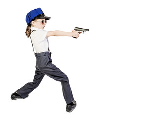 Little long-haired boy, like a policeman, isolated on white