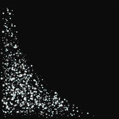 Amazing falling snow. Bottom left corner with amazing falling snow on black background. Shapely Vector illustration.