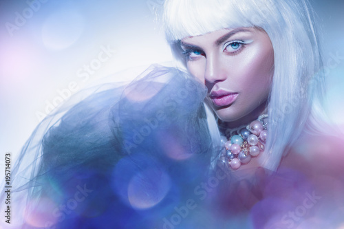 Beauty Woman With White Hair And Winter Style Makeup High Fashion