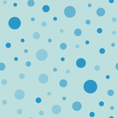 Blue polka dots seamless pattern on turquise background. Superb classic blue polka dots textile pattern in restrained colours. Seamless scattered confetti fall chaotic decor. Vector illustration.