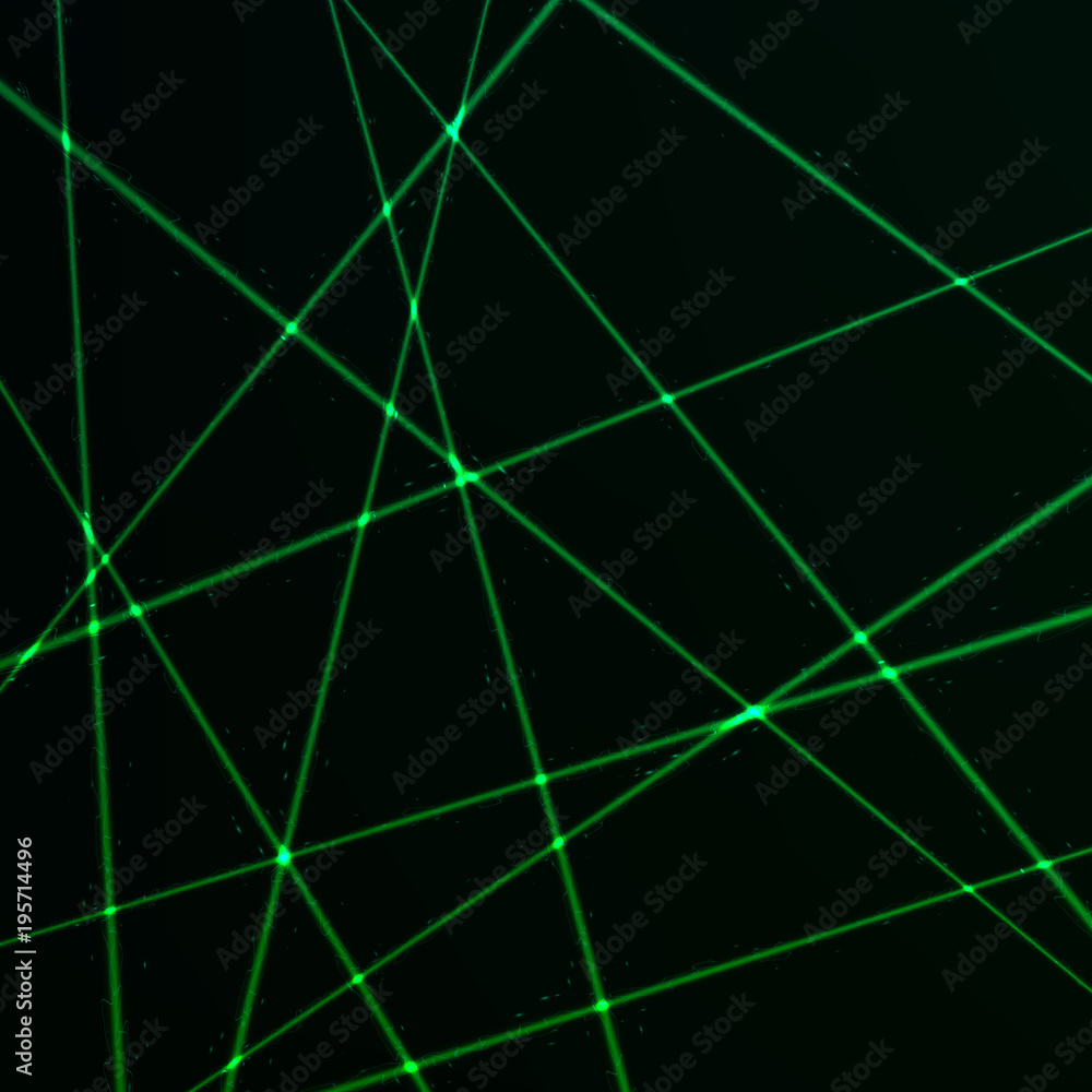 Poster random green laser mesh. web of security beams. vector illustration isolated on dark background