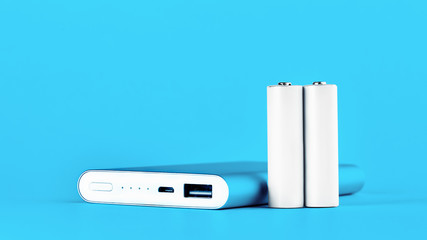 Portable power bank for charging mobile devices and AA batteries. mobile charging, modern power...