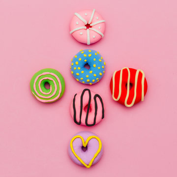 Fashion Donut Set. Pink Candy Minimal Flatlay art.