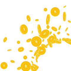 Chinese yuan coins falling. Scattered floating CNY coins on white background. Amusing radiant right bottom corner vector illustration. Jackpot or success concept.
