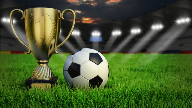 Fototapeta Fußball mit Pokal auf Rasen im Stadion bei Nacht mit Scheinwerfern, 3D Rendering