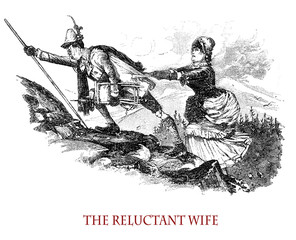 The reluctant wife accompanying her husband to mountain climbing, vintage caricature and fun