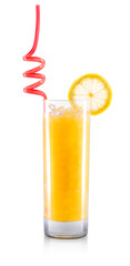 Mimosa cocktail in classical glass with slice of lemon and tube isolated on white background with clipping path