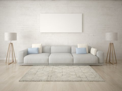 Mock up a modern living room with a large sofa and a light hipster background.