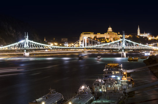 cruise ships in Budapest city, Hungary. Night scene