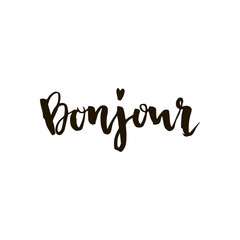 Bonjour. French word meaning Hello or Good Morning. Unique hand drawn lettering for print or web designs (bags, t-shirts, home decor, posters, cards, banners, ads) © kseniya_ganz