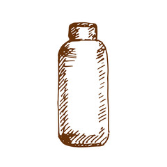 Hand drawn bottle with cap, container for body lotion, shampoo, milk for skin care.  Sketched mock-up of cosmetic package.