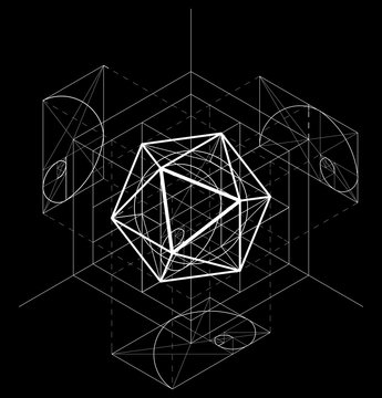 Sacred Geometry. Vector banner for your design Geometric abstraction on a black background. Golden Section. Vector 10 eps