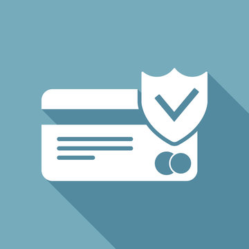 Credit Card Protection Icon. White Flat Icon With Long Shadow On Background