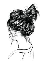 Woman with loose classic bun. Illustration of business hairstyle with natural long hair. Hand-drawn idea for gretting card, poster, flyers, web, print for t-shirt.