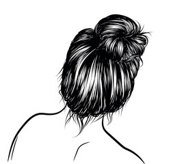Fototapeta premium Woman with loose classic bun. Illustration of business hairstyle with natural long hair. Hand-drawn idea for gretting card, poster, flyers, web, print for t-shirt.