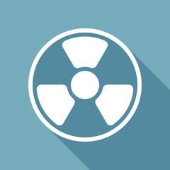 hazard, radiation. simple silhouette. White flat icon with long shadow on background