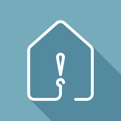 house with exclamation mark icon. line style. White flat icon with long shadow on background