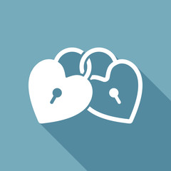 linked hearts, lock icon. White flat icon with long shadow on background