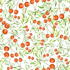 Watercolor seamless background with berries of cherries, leaves. A beautiful vintage pattern, an ornament for your design, wallpaper, textiles, packaging, cards. Fashionable art drawing
