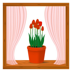 Vector, realistic image of red flowers of tulips in a pot in the window on the window sill