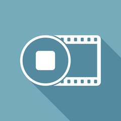 movie strip with stop symbol in circle. simple silhouette. White flat icon with long shadow on background